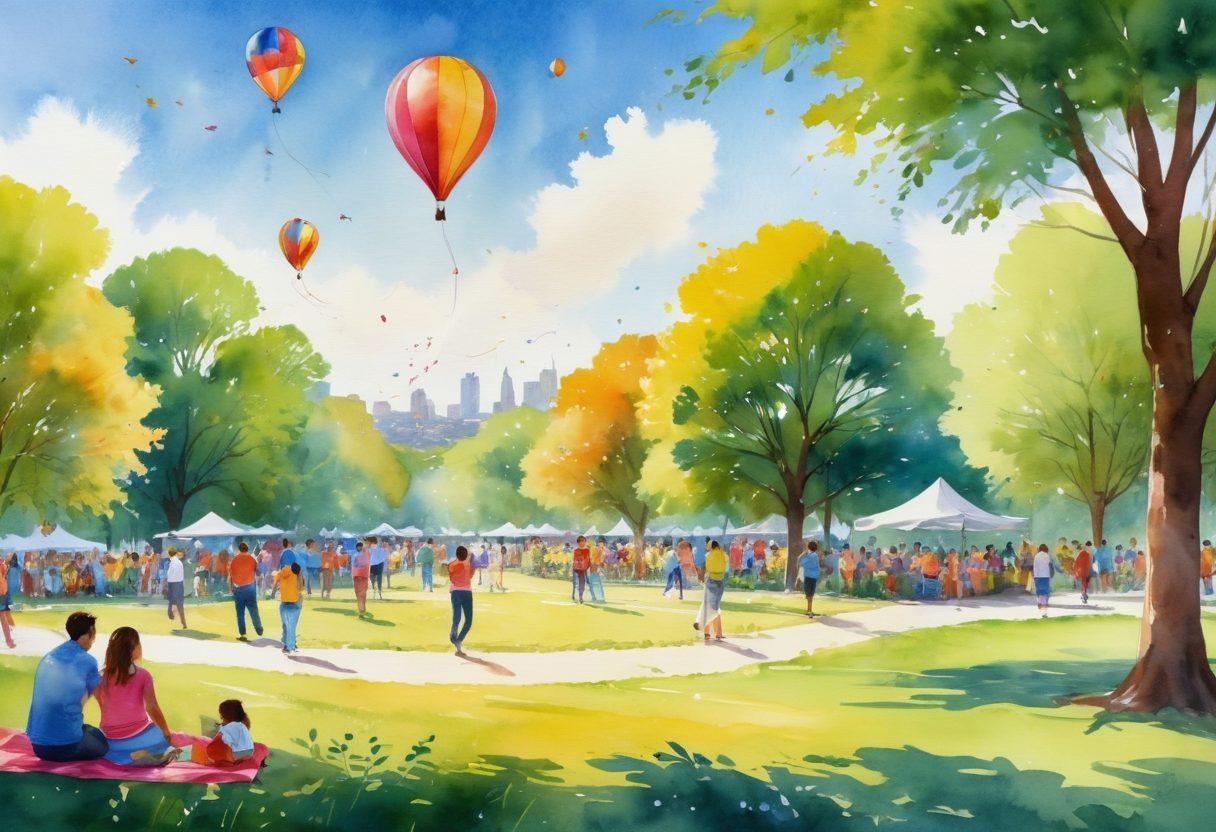 A vibrant community gathering in a sunlit park, featuring diverse groups of people engaged in joyful activities like painting, dancing, and sharing food. Colorful kites and balloons in the sky, symbolizing freedom and happiness. The scene is infused with elements of nature, such as blooming flowers and lush greenery, creating a serene yet lively atmosphere. Include cheerful faces and open spaces that invite collaboration and connection. watercolor style. bright colors. soft focus.
