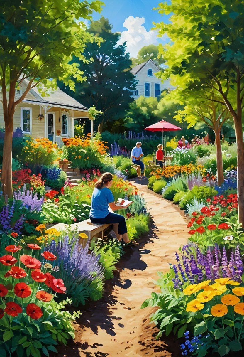 A serene landscape depicting a vibrant community garden filled with diverse people collaborating, planting, and sharing ideas. Sunlight filters through lush greenery, creating a warm and inviting atmosphere. Colorful flowers represent creativity and support, while smiling faces reflect joy and well-being. A winding path symbolizes personal journeys towards happiness within a supportive network. painting. vibrant colors. cheerful atmosphere.