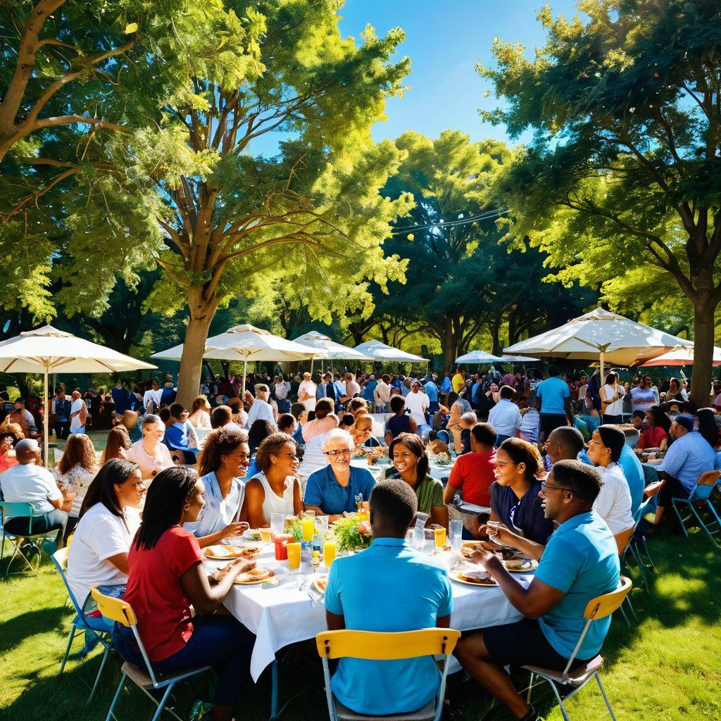 A vibrant community gathering in a sunlit park, where diverse groups of people are engaged in creative activities like art, music, and storytelling. Include elements of joy and interaction, such as laughter, shared meals, and colorful decorations that symbolize connection. In the background, lush trees and a bright blue sky add to the uplifting atmosphere. Illustrate a sense of togetherness and innovation through warmth and energy. super-realistic. vibrant colors. dreamy lighting.